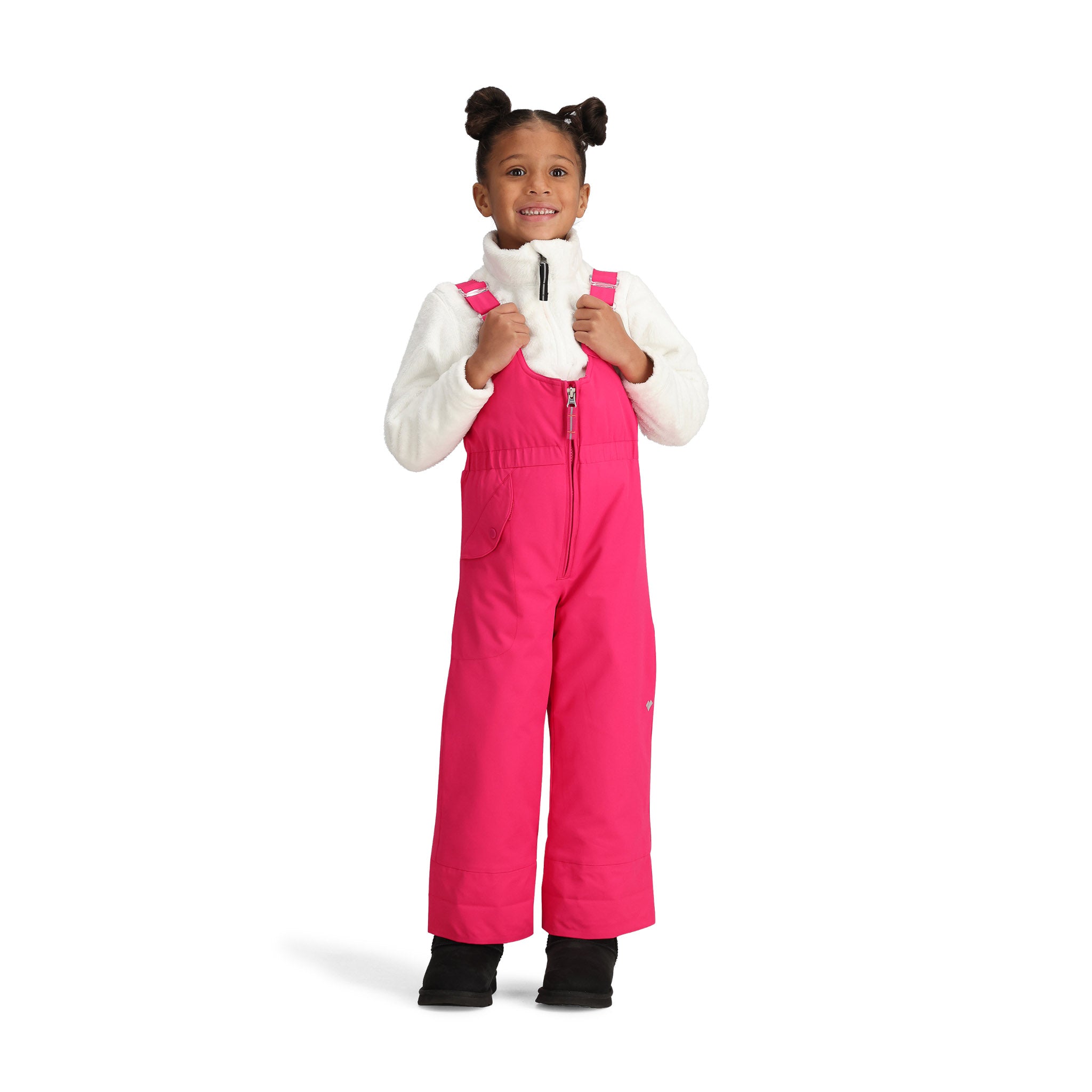 Obermeyer Junior's Snoverall Insulated Bib Pant 2025 - A pair of bright pink snow pants with a bib design and adjustable straps.