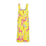 Obermeyer Junior's Snoverall Insulated Print Bib 2025 - A bright yellow overall with a repeating pattern of pink deer and flowers.