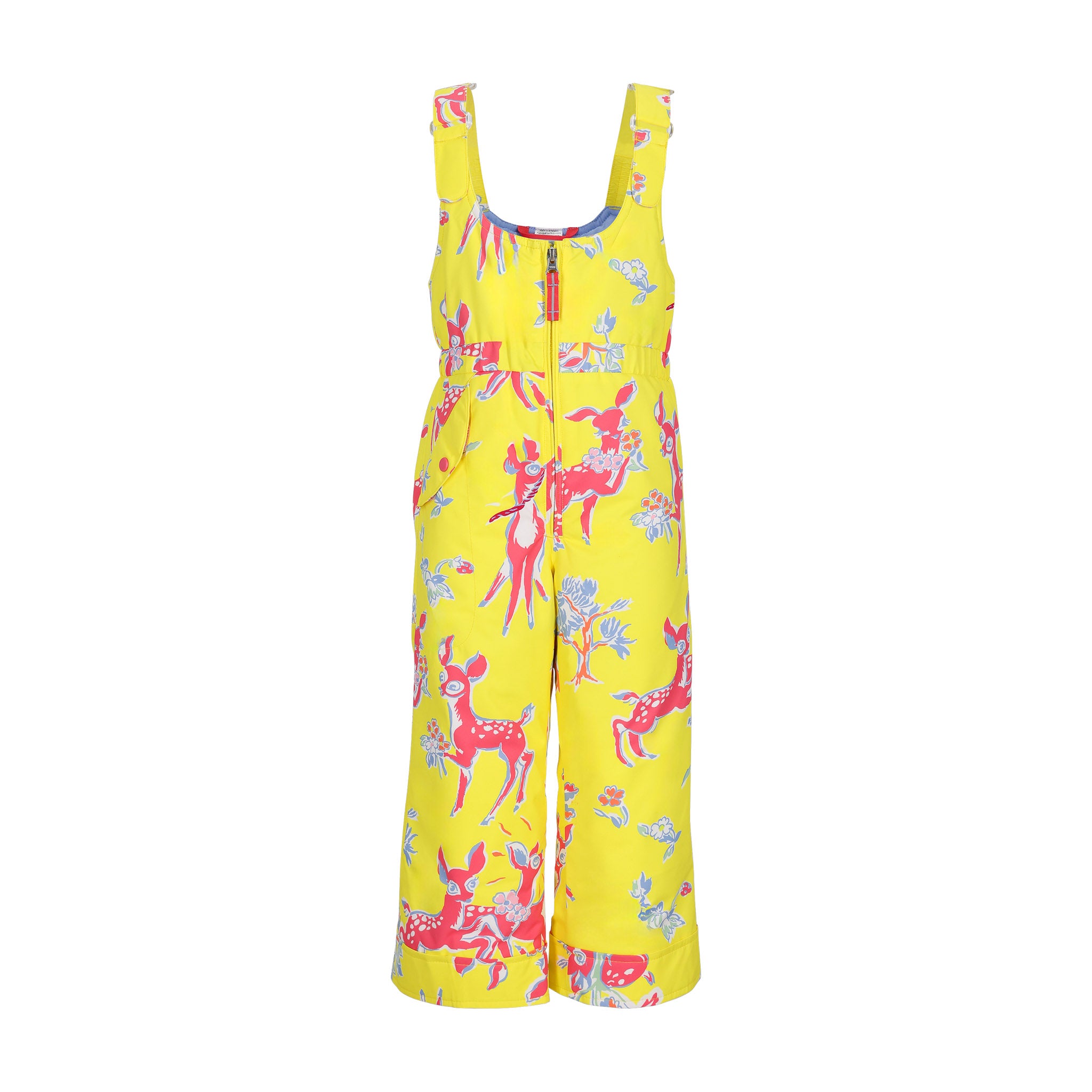 Obermeyer Junior's Snoverall Insulated Print Bib 2025 - A bright yellow overall with a repeating pattern of pink deer and flowers.