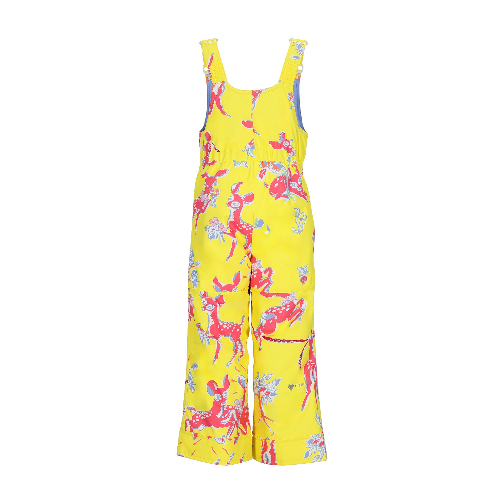 Obermeyer Junior's Snoverall Insulated Print Bib 2025 - A bright yellow overall with a repeating pattern of red deer and blue flowers.