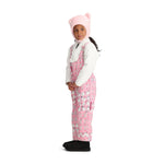 Obermeyer Junior's Snoverall Insulated Print Bib 2025 - A pink overall with a repeating pattern of white snowmen and hearts, featuring a zipper down the front.