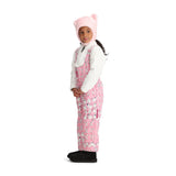 Obermeyer Junior's Snoverall Insulated Print Bib 2025 - A pink overall with a repeating pattern of white snowmen and hearts, featuring a zipper down the front.