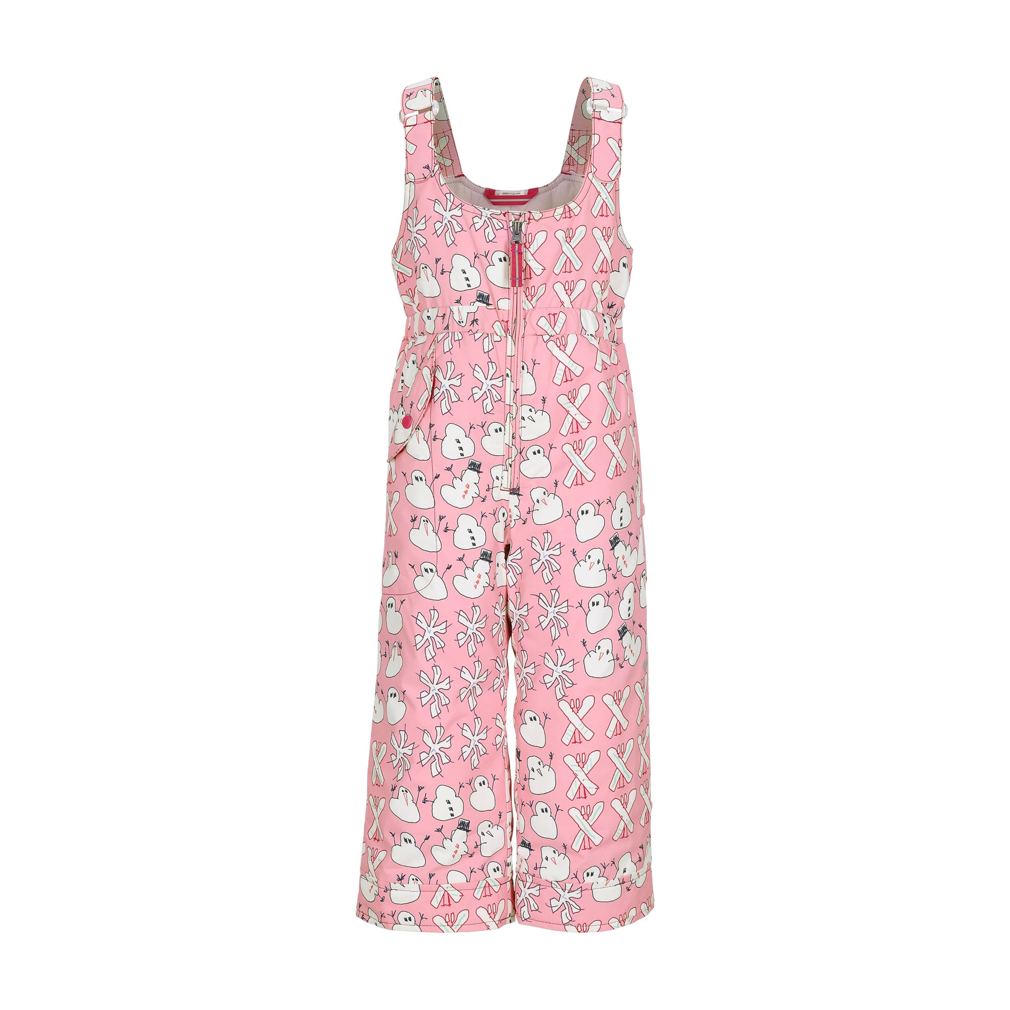 Obermeyer Junior's Snoverall Insulated Print Bib 2025 - Pink overall with a repeating pattern of snowmen, hearts, and bows.