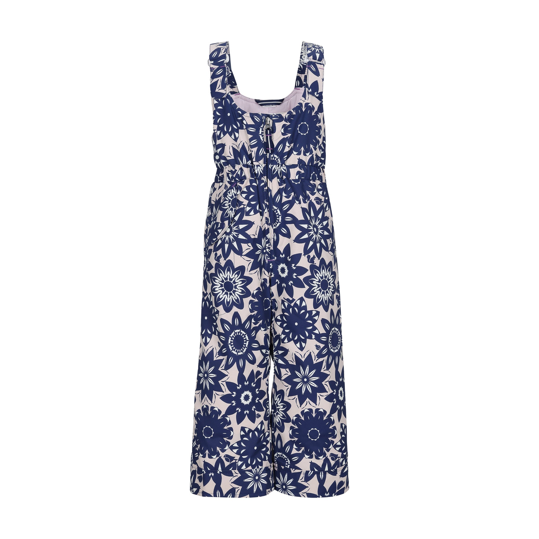 Obermeyer Junior's Snoverall Insulated Print Bib - A white overall with a navy blue floral pattern, featuring a zipper down the front and two side pockets.