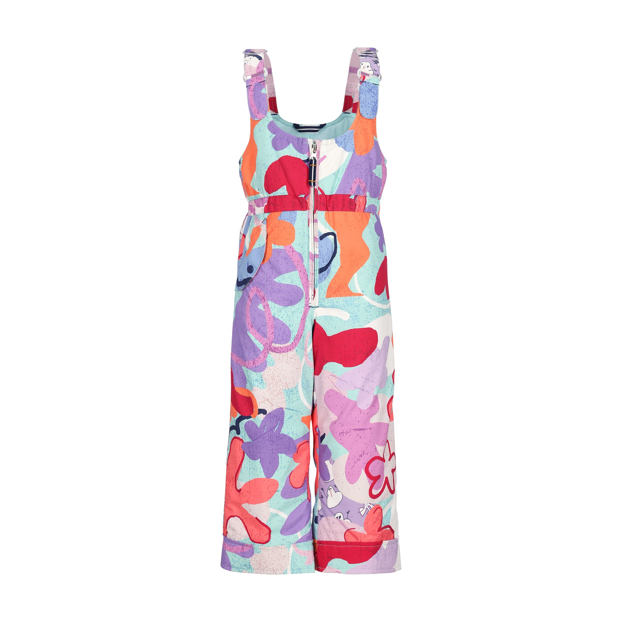 Obermeyer Junior's Snoverall Insulated Print Bib 2025 - A colorful overall with a print of abstract shapes in shades of purple, orange, and red on a light blue background.