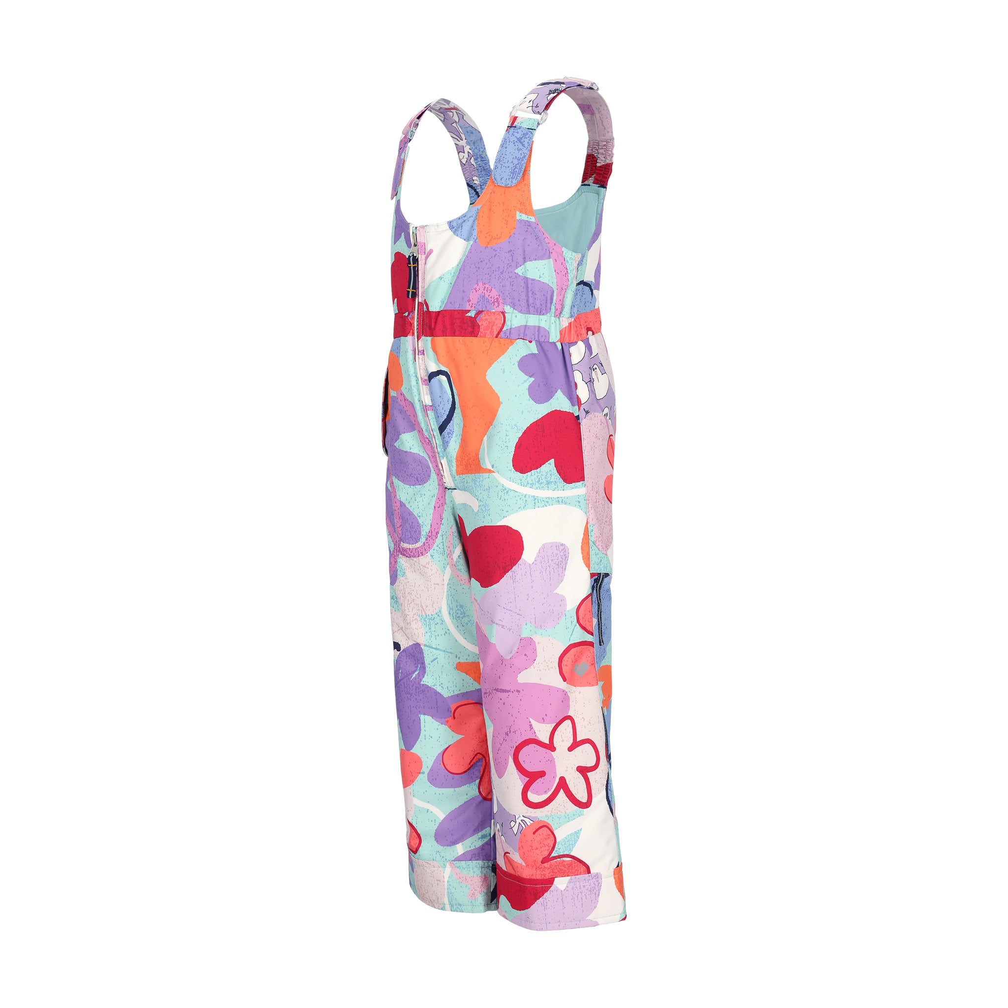 Obermeyer Junior's Snoverall Insulated Print Bib 2025 - A bib overall with a colorful print featuring purple, orange, and pink shapes on a white background.