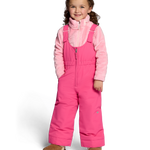 Girls' insulated ski bib pants in bright pink, front zipper and adjustable shoulder straps
