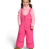 Girls' insulated ski bib pants in bright pink, front zipper and adjustable shoulder straps