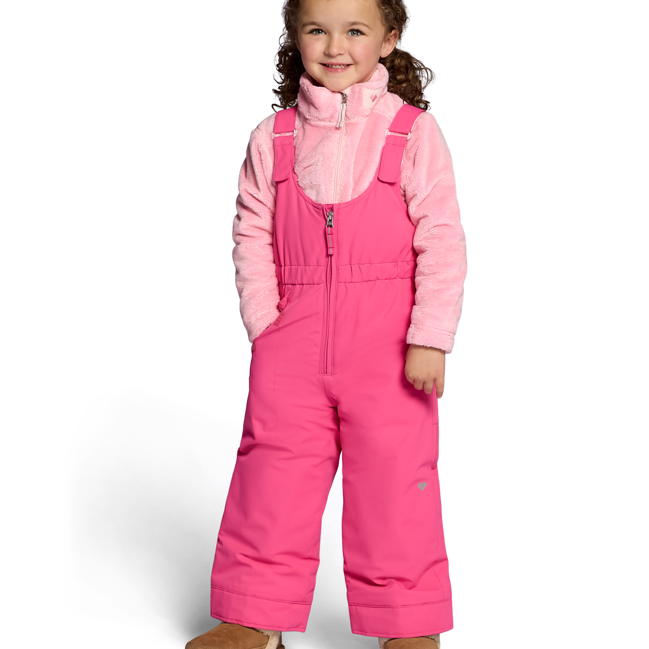 Girls' insulated ski bib pants in bright pink, front zipper and adjustable shoulder straps
