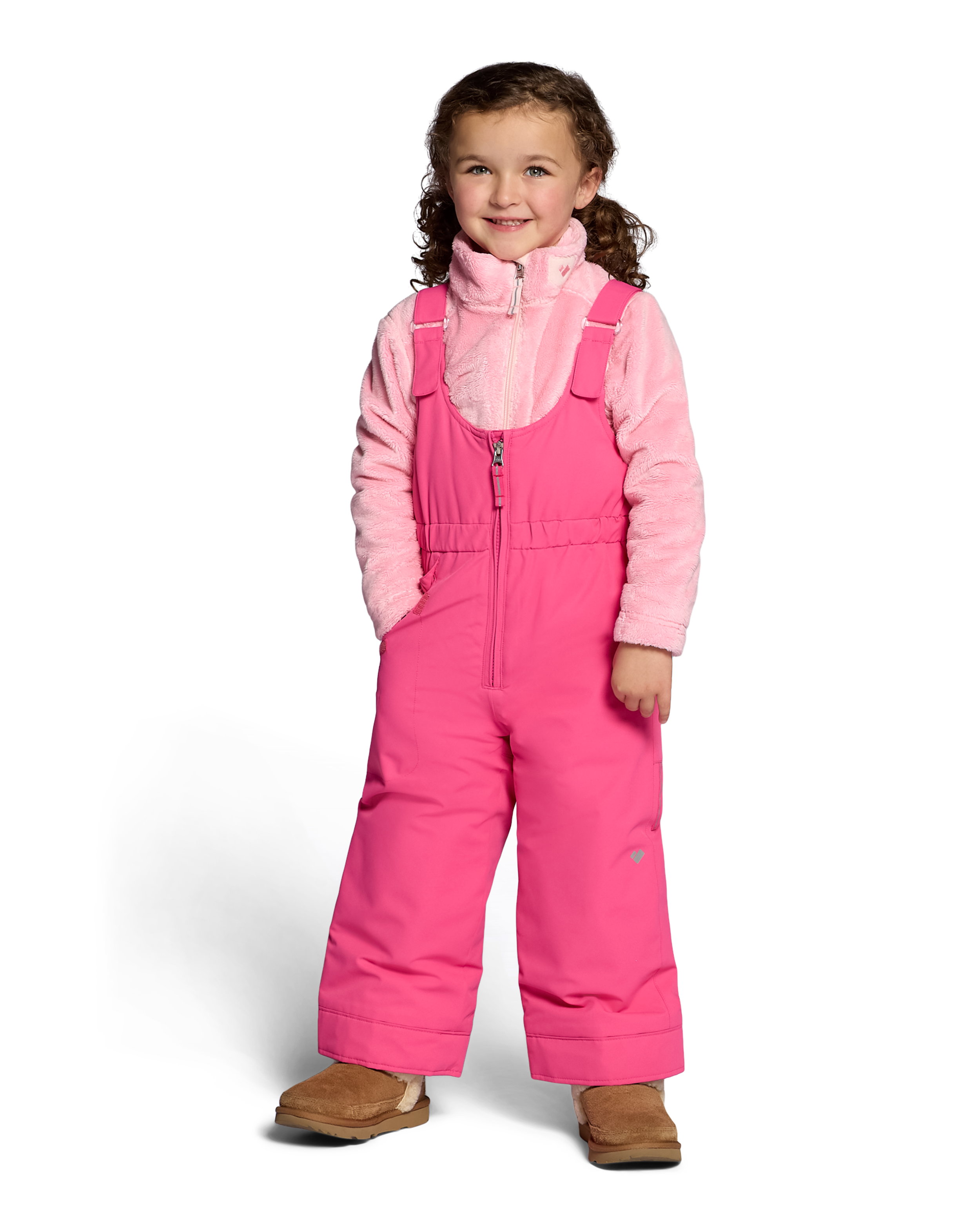 Girls' insulated ski bib pants in bright pink, front zipper and adjustable shoulder straps
