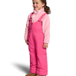 Girls' pink insulated ski bib pants with front zipper and long straight legs