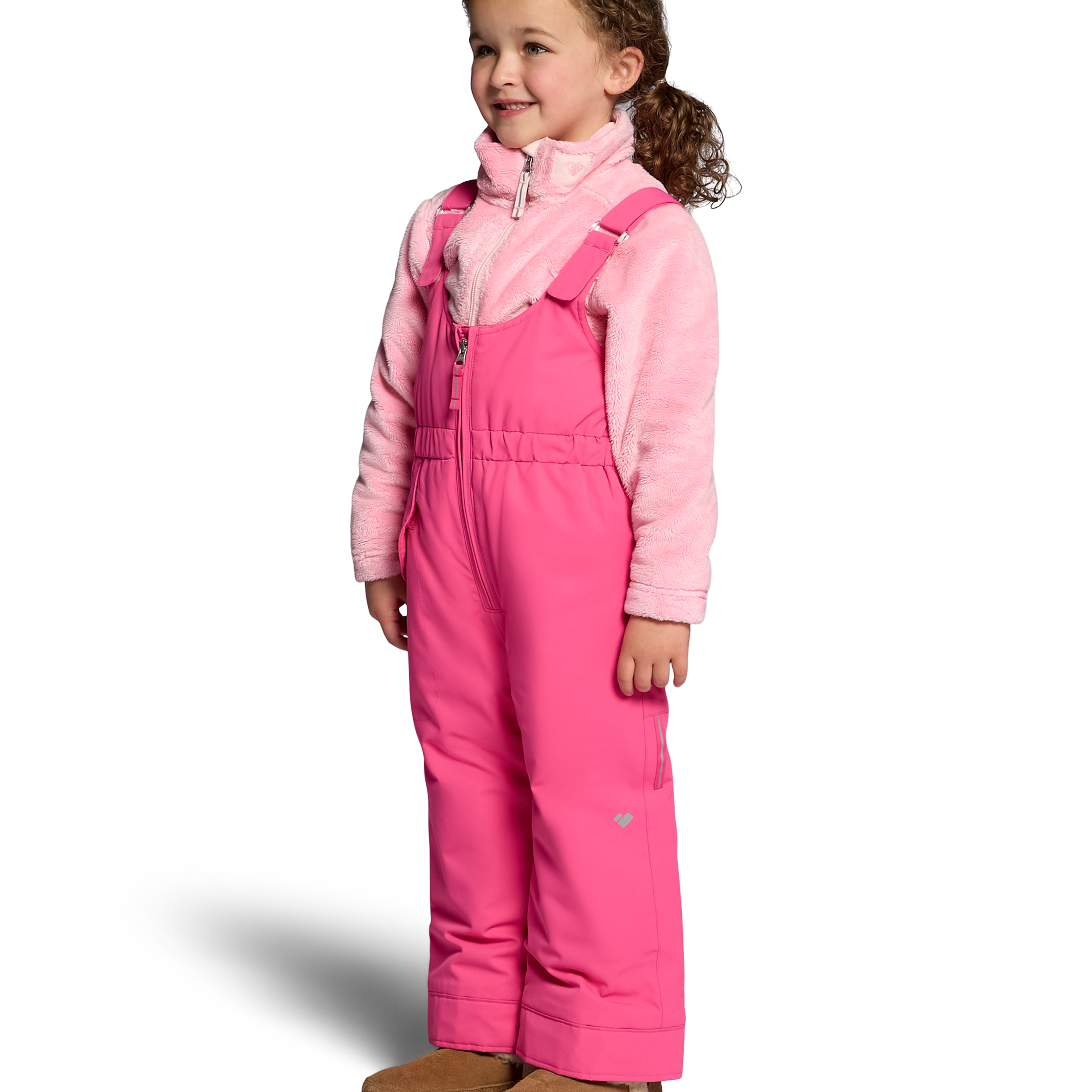 Girls' pink insulated ski bib pants with front zipper and long straight legs