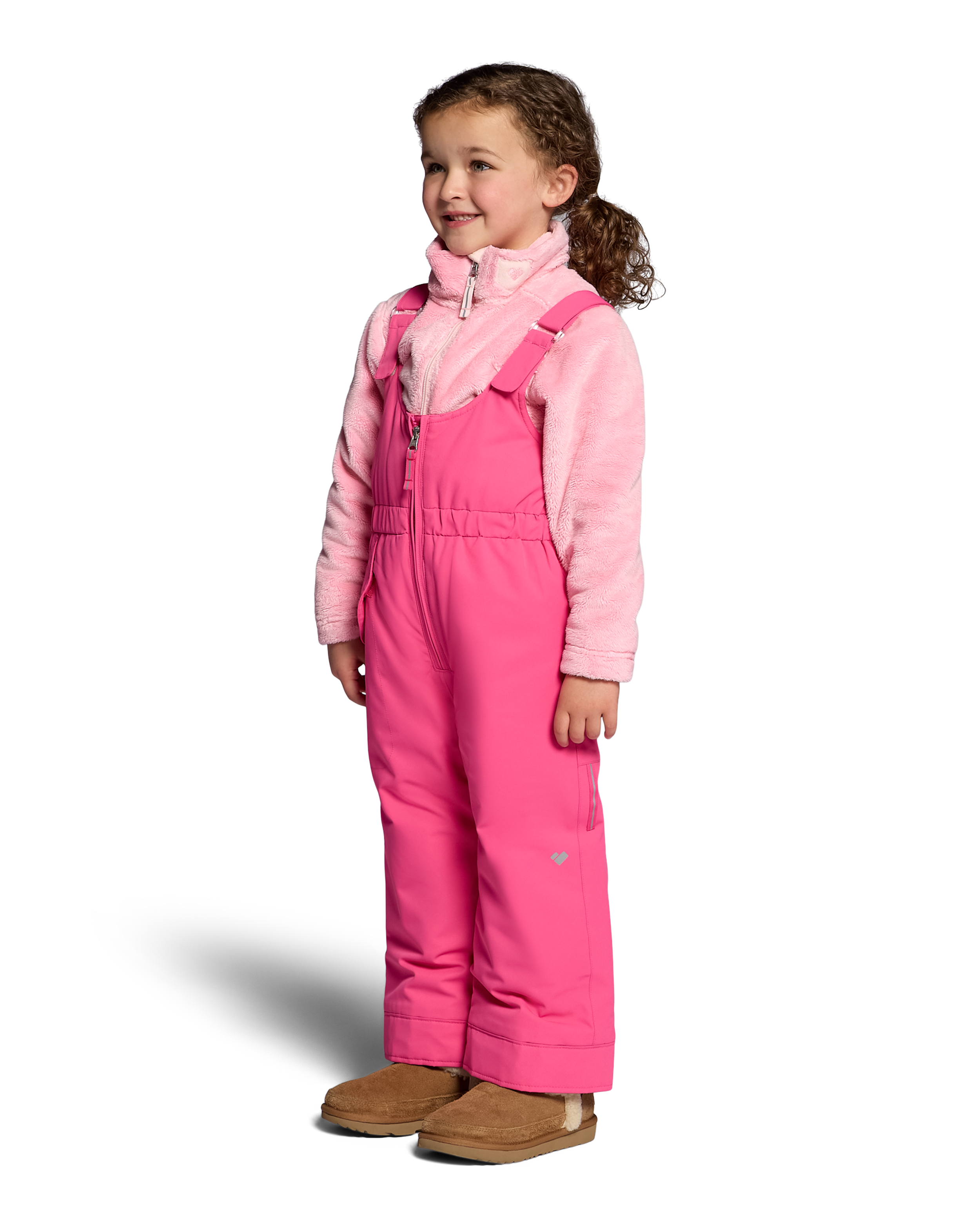 Girls' pink insulated ski bib pants with front zipper and long straight legs