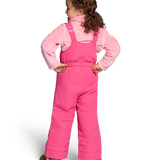 Girls' pink insulated ski bib pants, back view with adjustable straps
