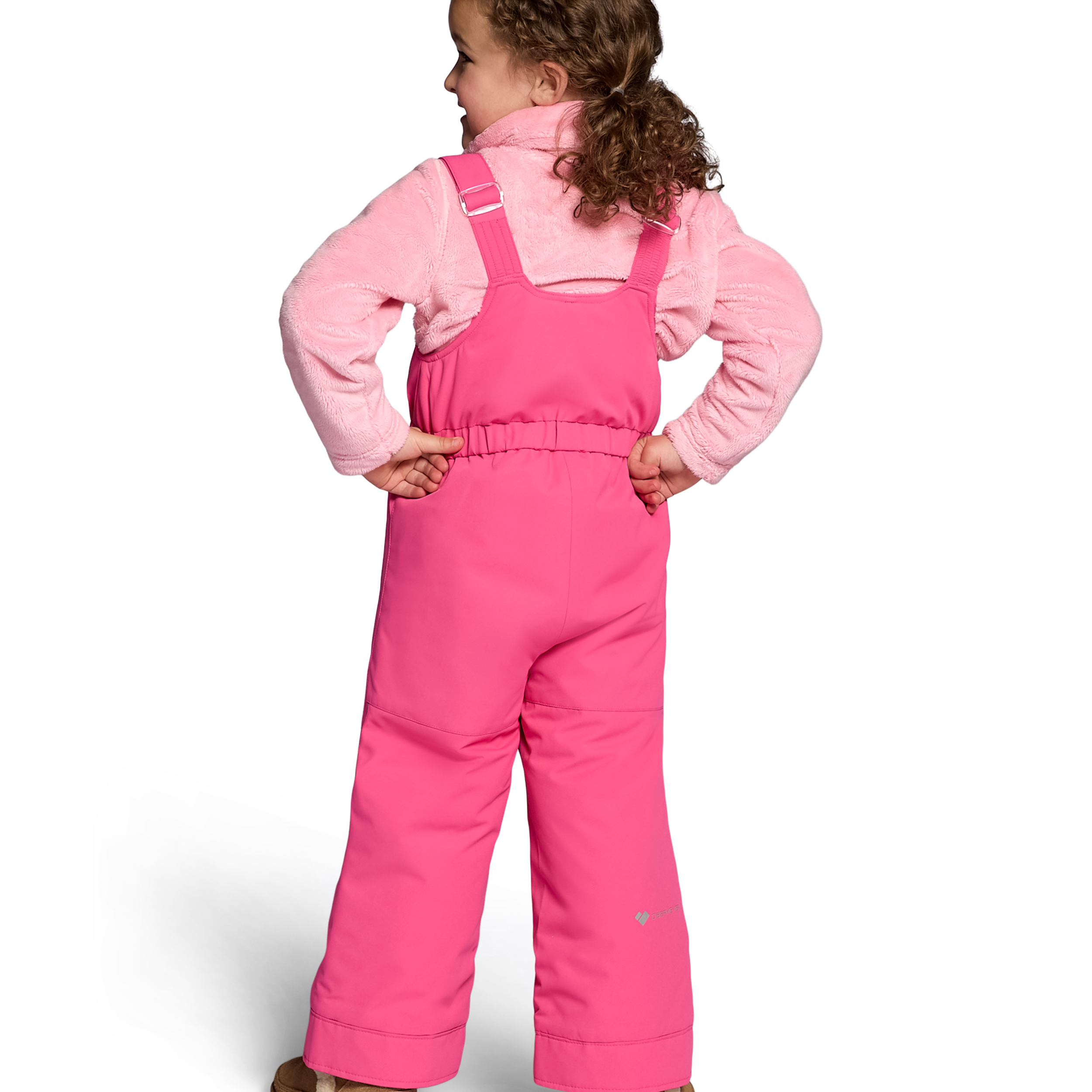 Girls' pink insulated ski bib pants, back view with adjustable straps