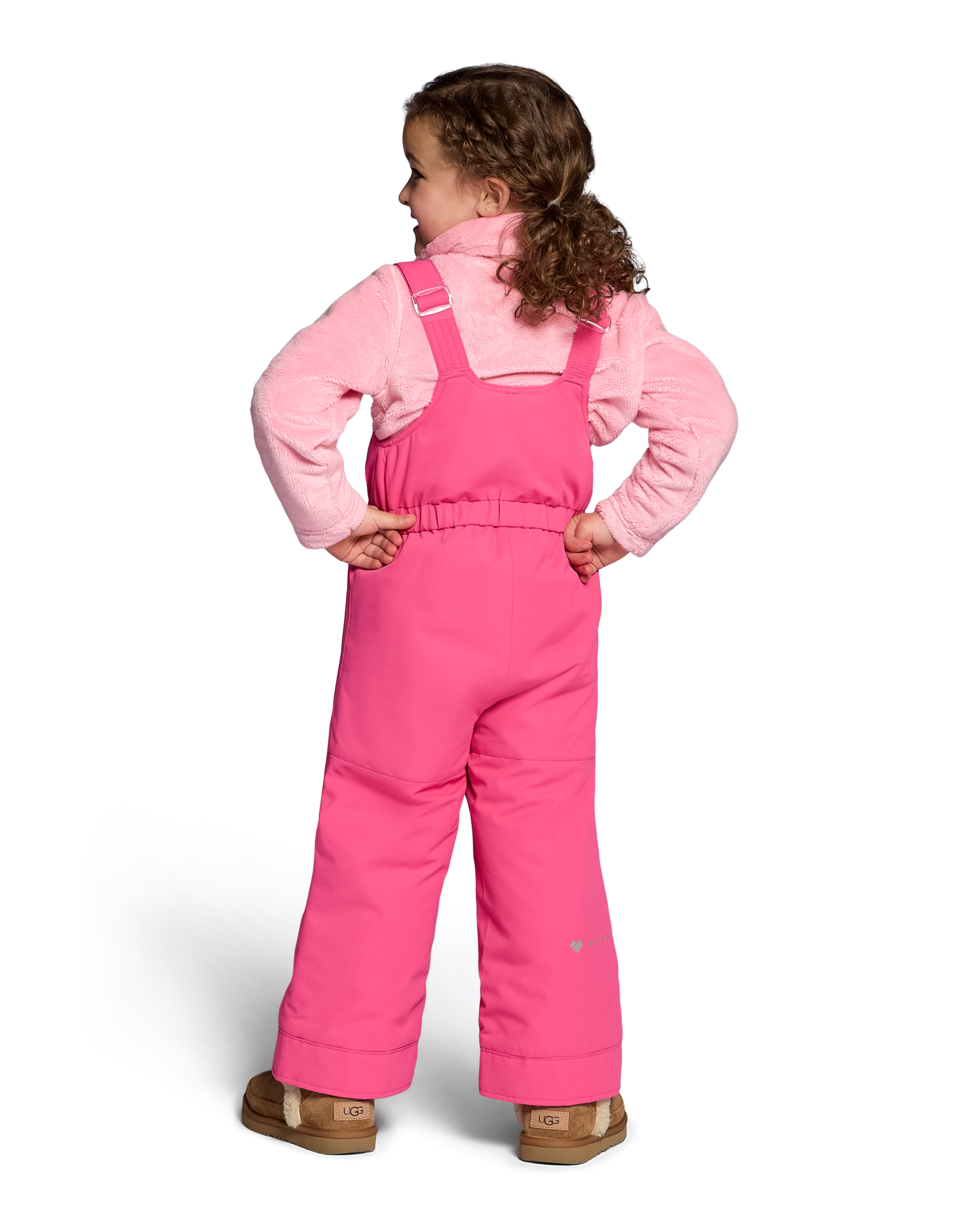 Girls' pink insulated ski bib pants, back view with adjustable straps