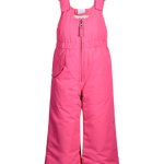Pink insulated ski bib pants with front zipper, bib overlay, and wide pant cuffs
