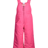 Pink insulated ski bib pants with front zipper, bib overlay, and wide pant cuffs