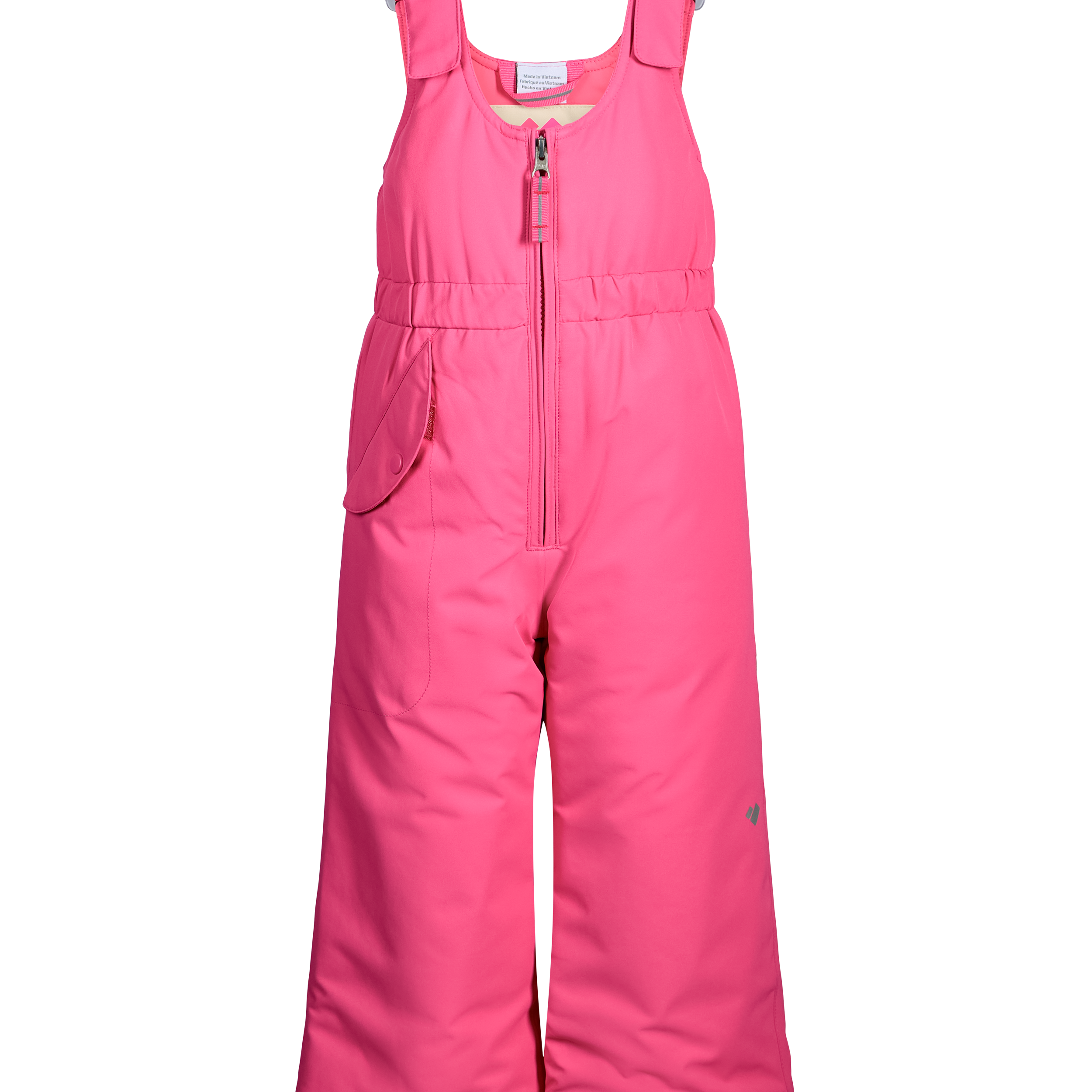 Pink insulated ski bib pants with front zipper, bib overlay, and wide pant cuffs