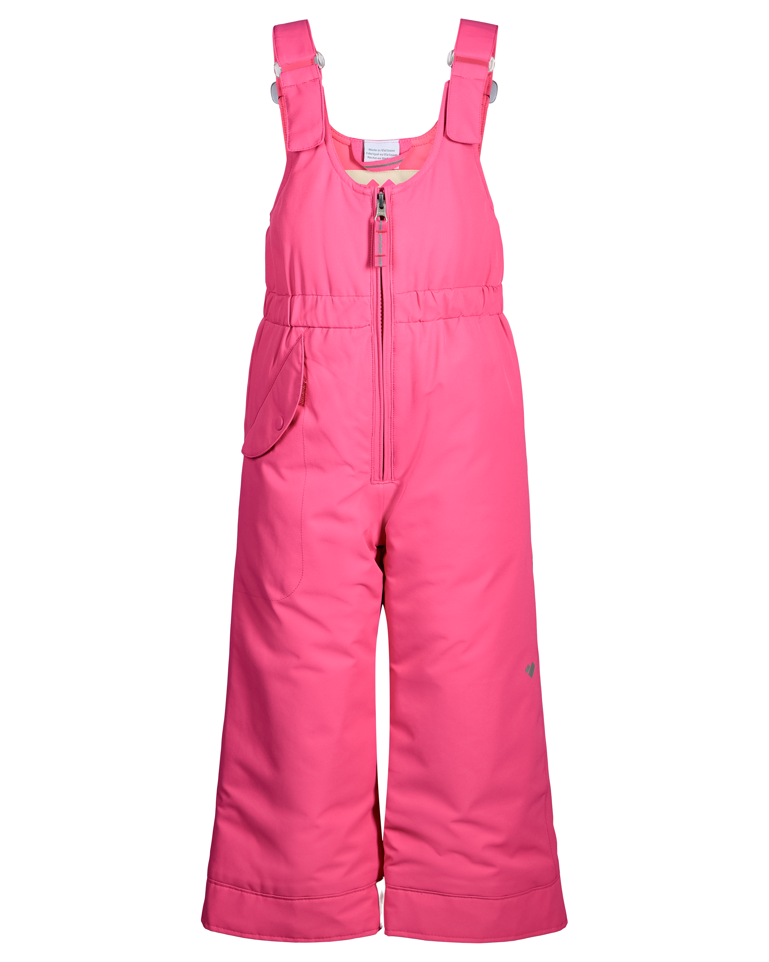 Pink insulated ski bib pants with front zipper, bib overlay, and wide pant cuffs