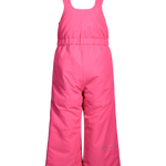 Pink insulated ski bib pants with adjustable straps and insulated front panel stitching