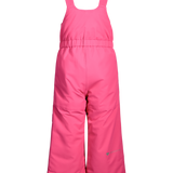 Pink insulated ski bib pants with adjustable straps and insulated front panel stitching