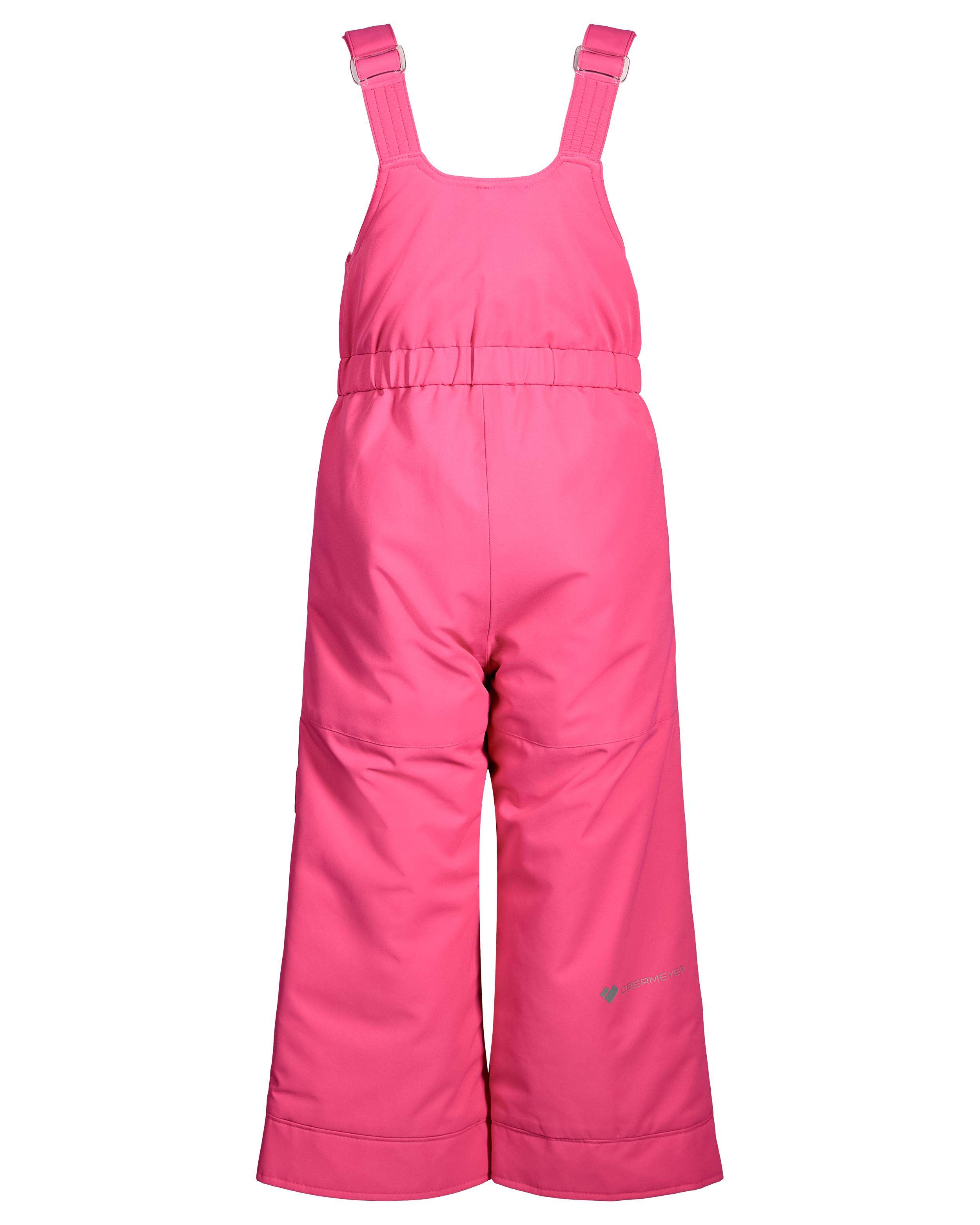 Pink insulated ski bib pants with adjustable straps and insulated front panel stitching
