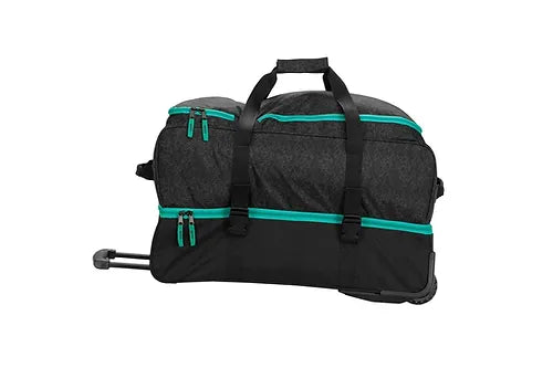 Destiny Cargo Bag With Wheels 2023 - Black wheeled duffel bag with two zippered pockets and a retractable handle.