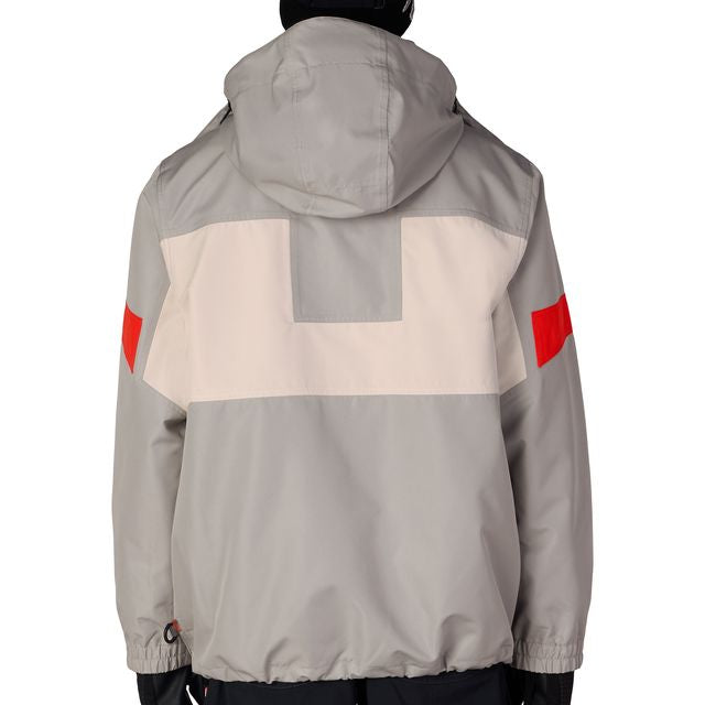 686 Logic jacket back view, light gray with red accents, large hood and paneling.