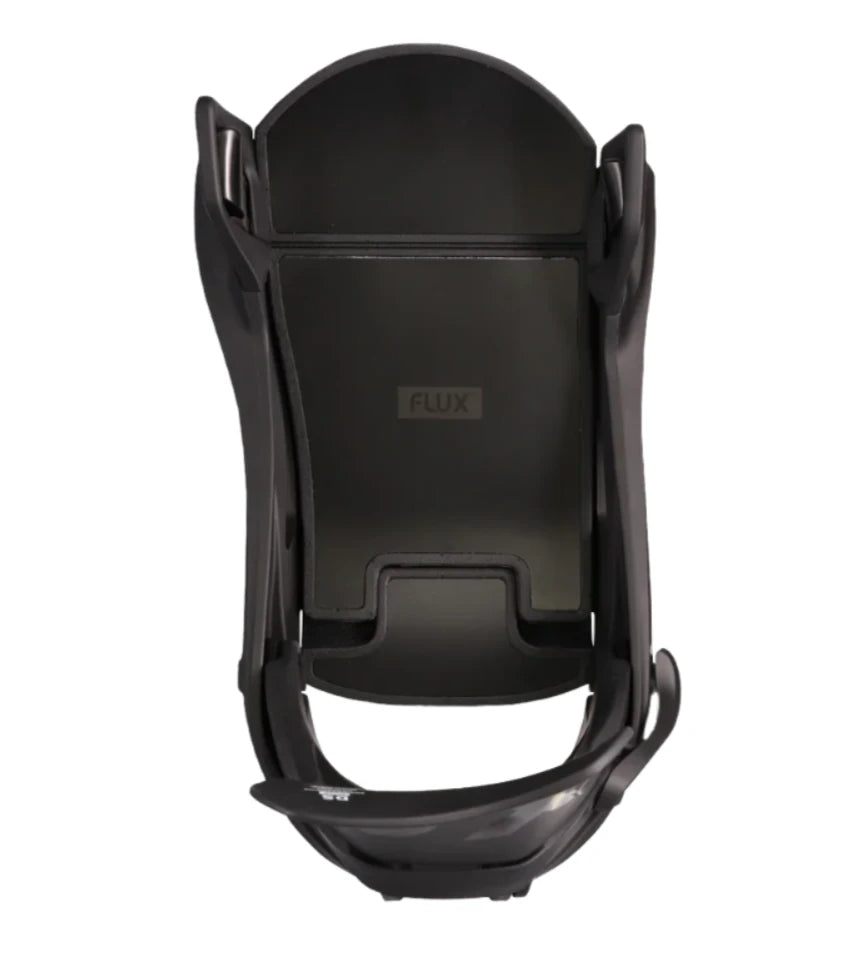 Flux Women's DS Step On Snowboard Binding - A black snowboard binding with a rectangular logo on top that reads "FLUX" in gray letters.