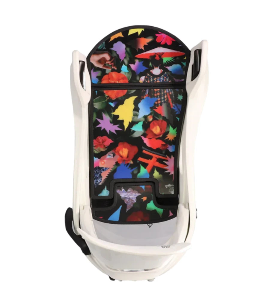 Flux Women's DS Step On Snowboard Binding - A black binding with a colorful floral pattern on top, featuring red flowers and green leaves.