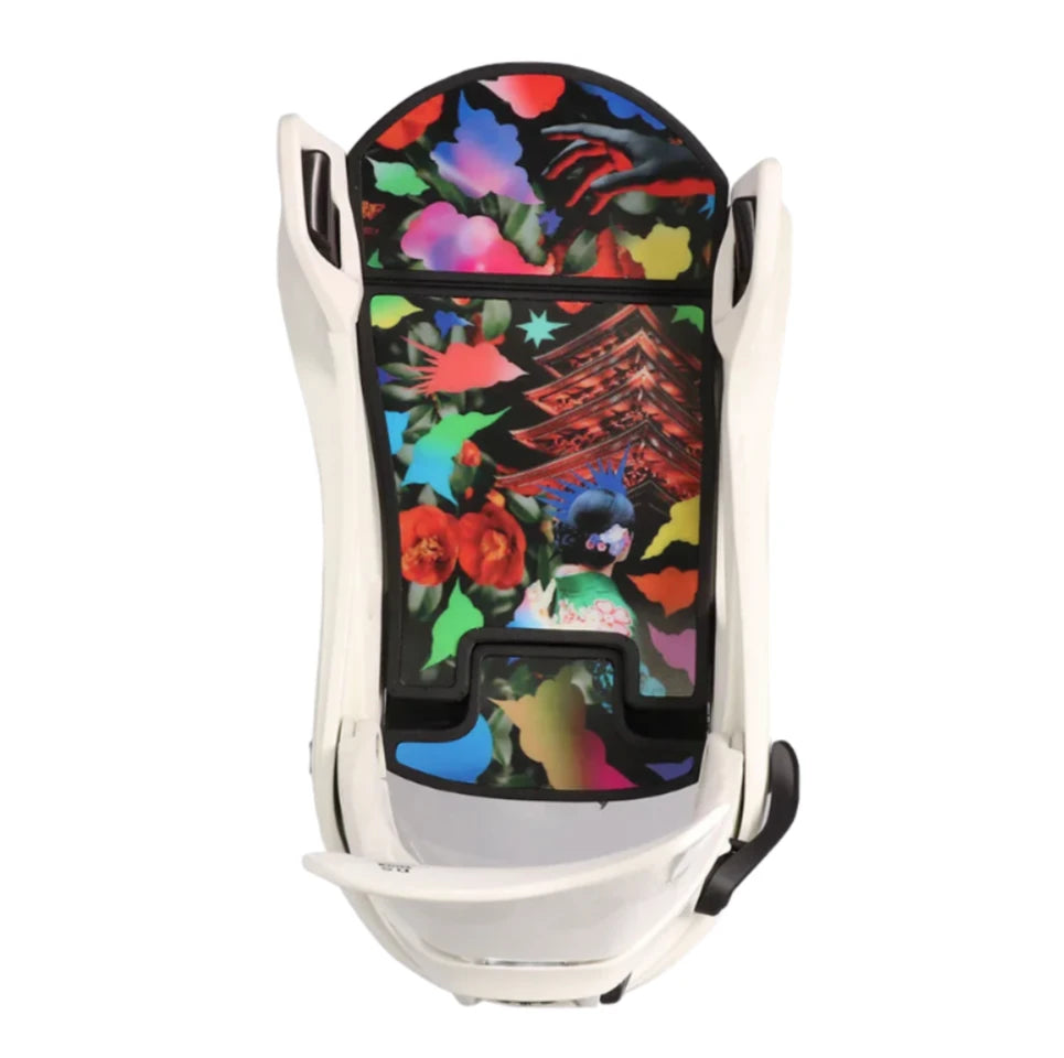 Flux DS Step On Snowboard Binding - A black snowboard binding with a red logo on top of the footbed and a white strap.