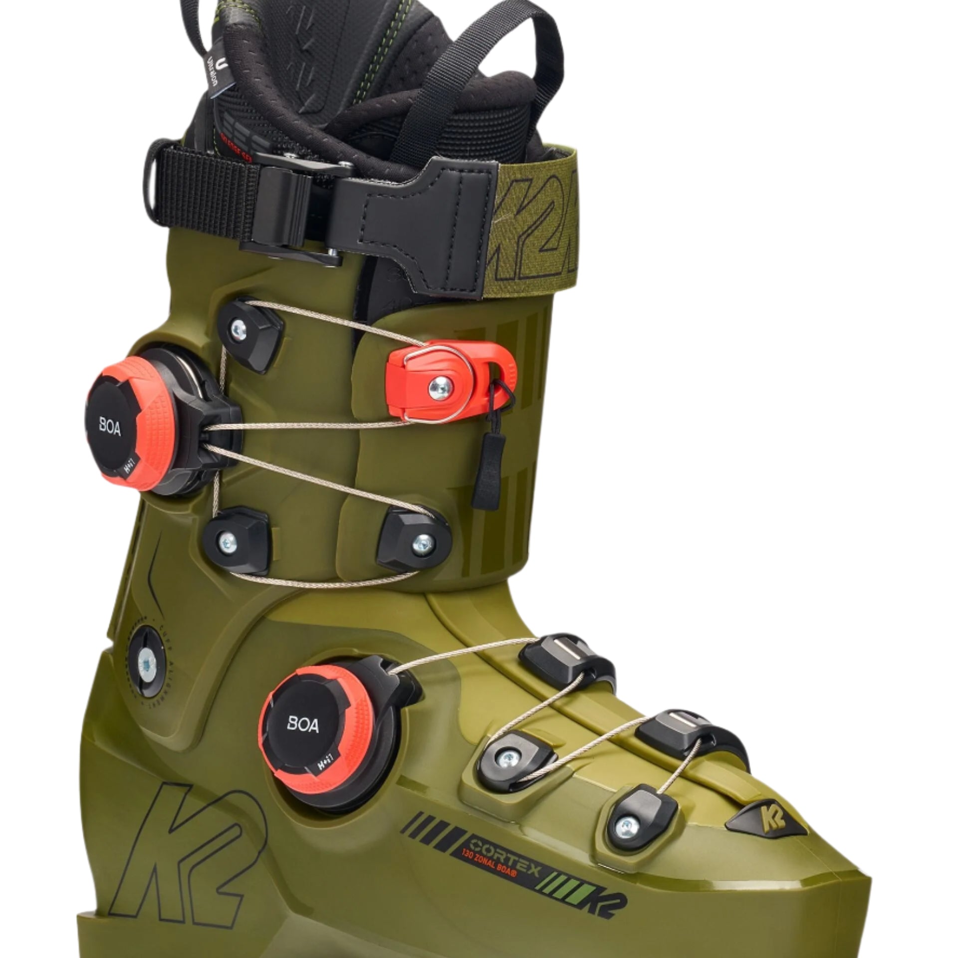 The K2 Cortex 130 Zonal BOA ski boots are displayed prominently against a white background. The boots feature a camouflage design with black straps and buckles, providing a secure fit for the wearer.