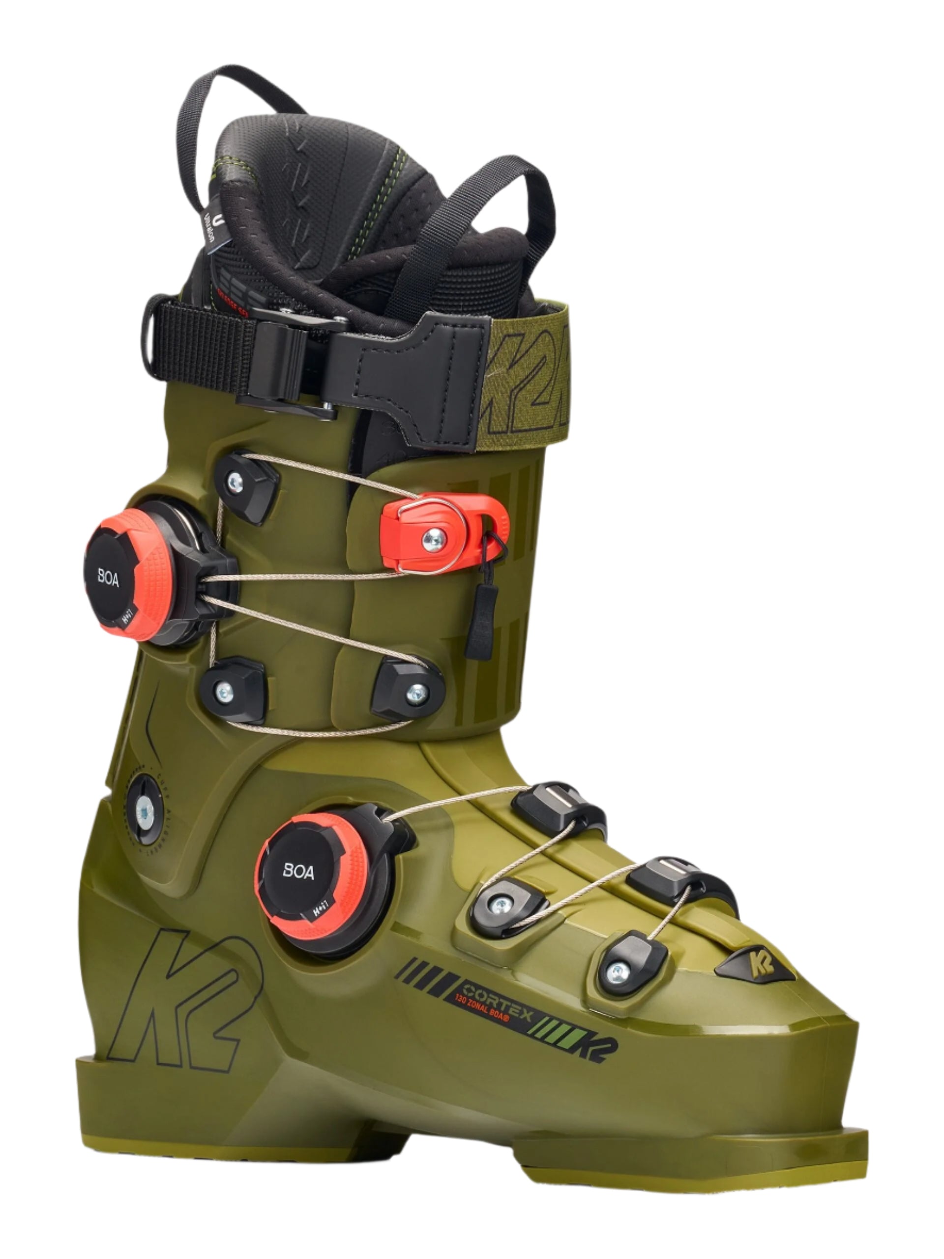 The K2 Cortex 130 Zonal BOA ski boots are displayed prominently against a white background. The boots feature a camouflage design with black straps and buckles, providing a secure fit for the wearer.