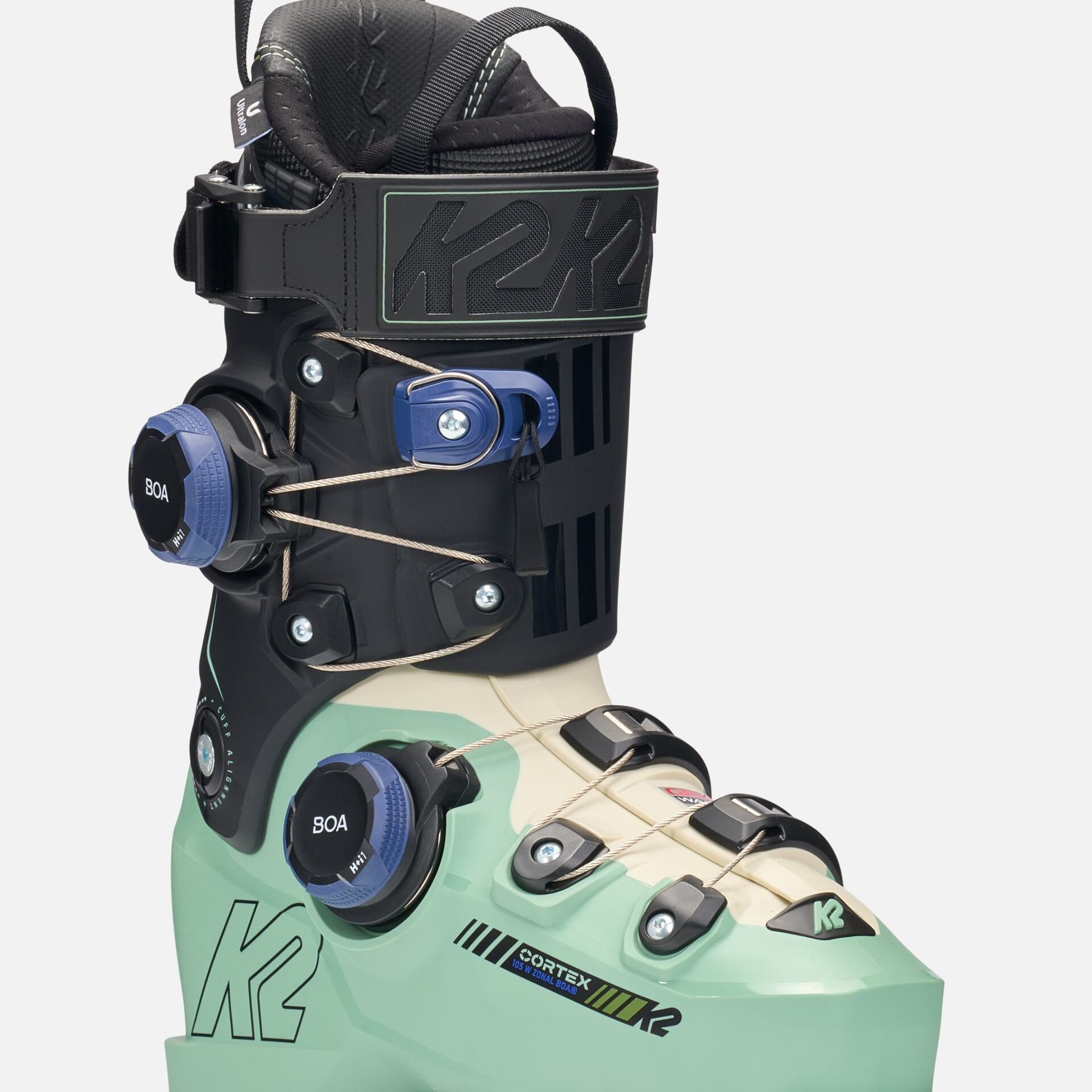 Green K2 Cortex 105 Zonal Boa ski boots feature a distinctive design and Boa dial.
