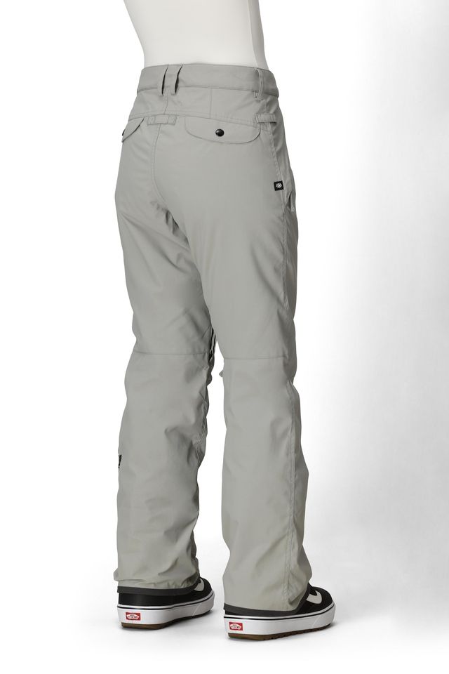 Light grey women's shell pants, back view, straight legs with button waist