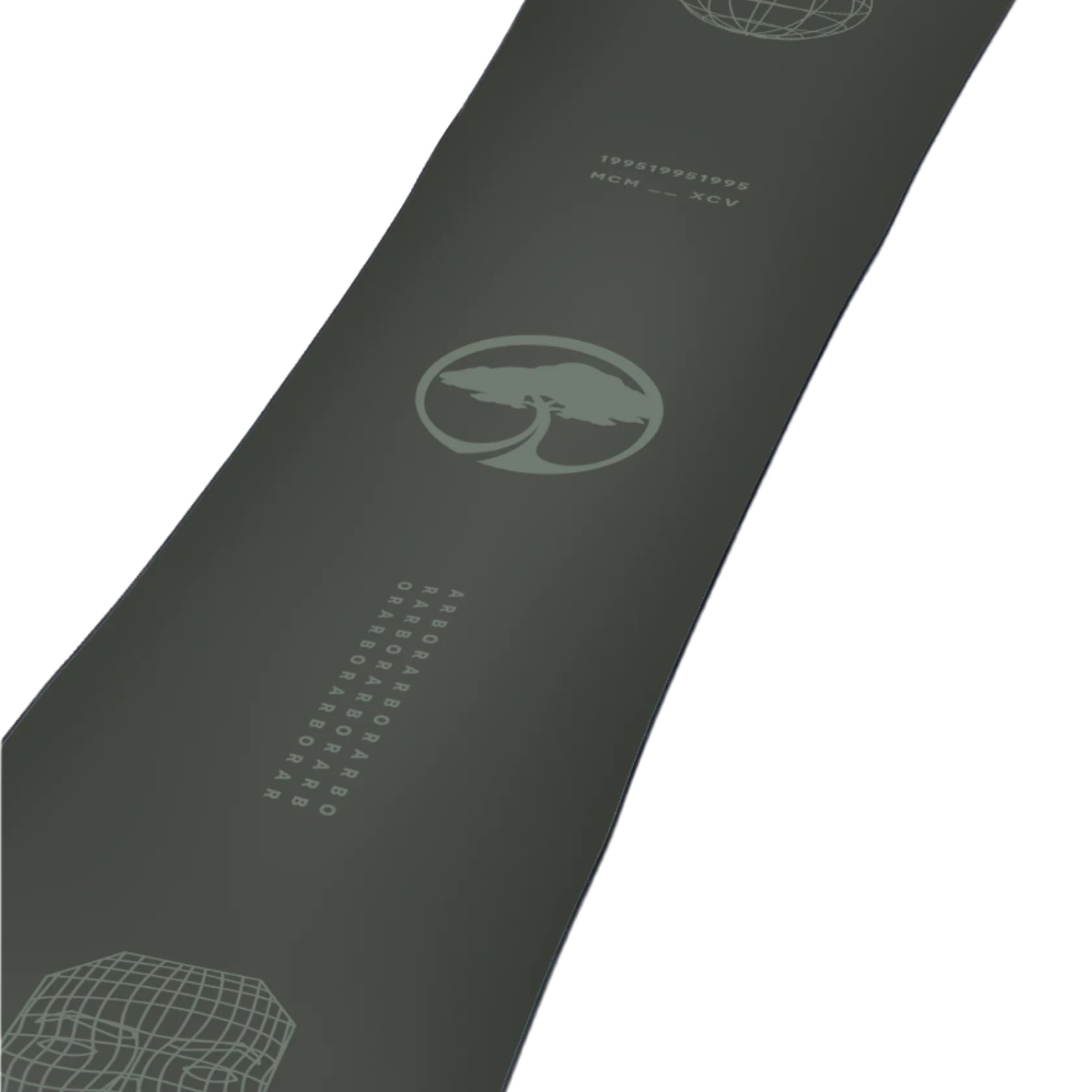 Arbor Formula Decon 2026 - A dark gray snowboard with a white logo featuring an arched tree in a circle, and a white "A" on top of the board's tail.