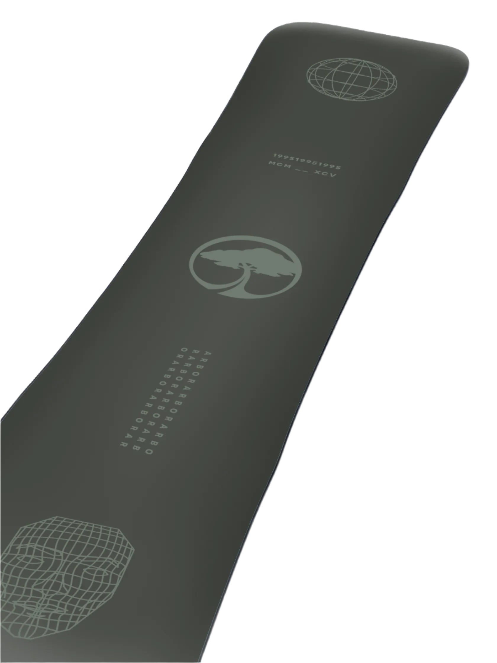 Arbor Formula Decon 2026 - A dark gray snowboard with a white logo featuring an arched tree in a circle, and a white "A" on top of the board's tail.