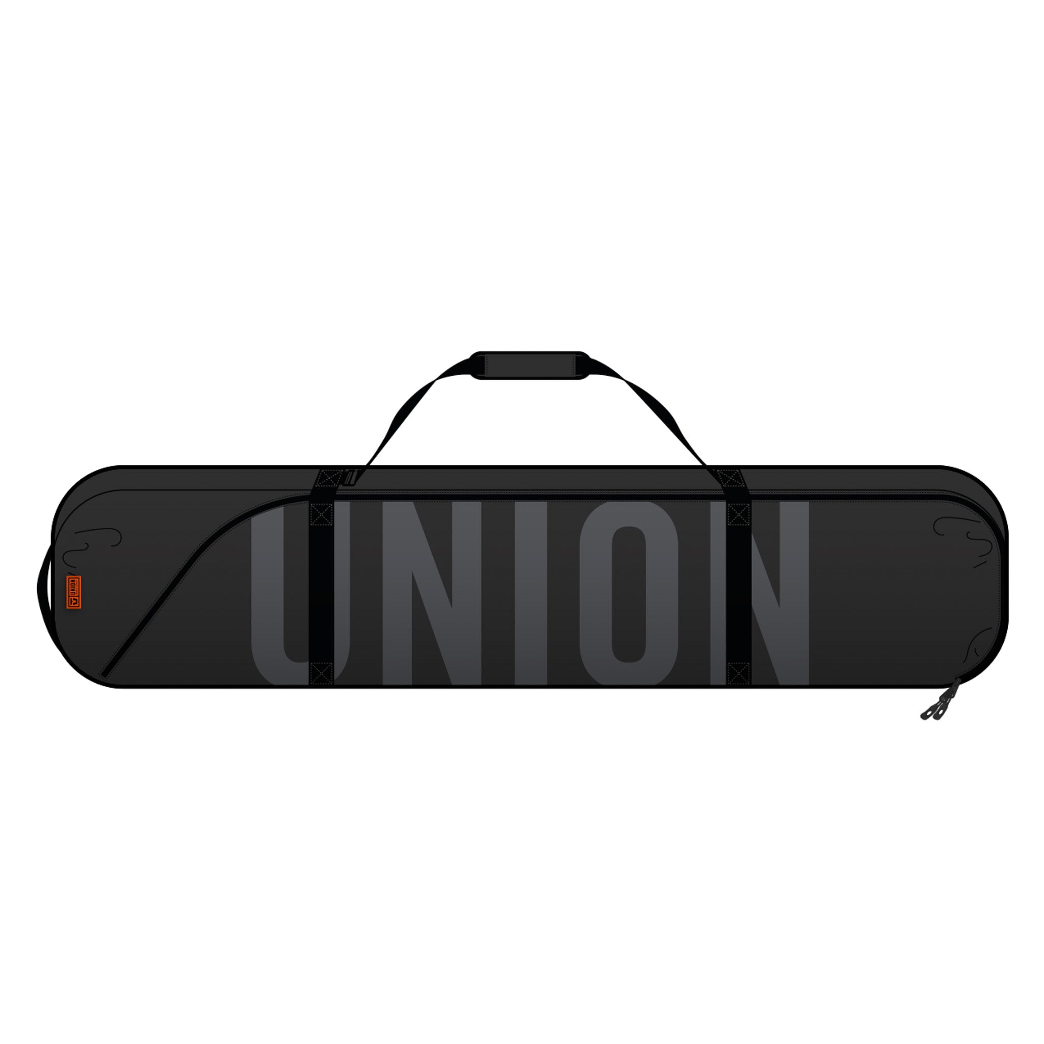 Union Snowboard Bag - Black snowboard bag with a handle on top, zippered pockets and straps to secure the board.
