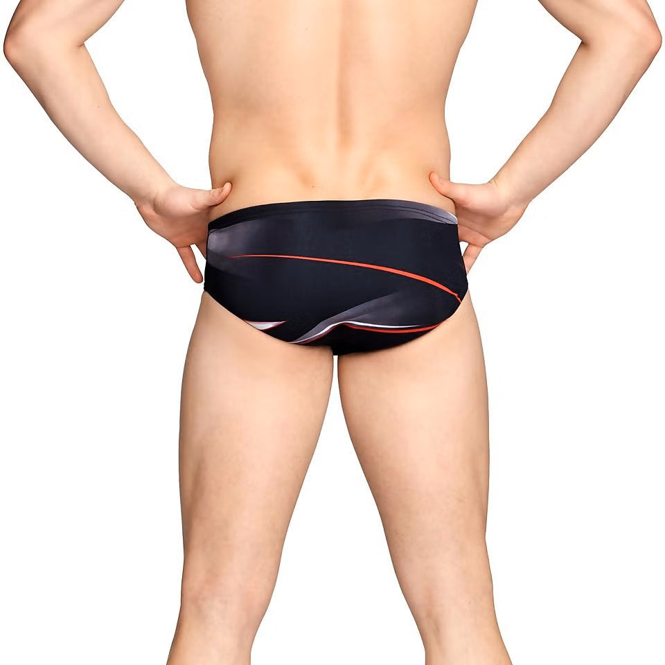 Speedo Infinite Pulse Brief Swimsuit - A black swimsuit with a red, white, and blue wave pattern on the front.