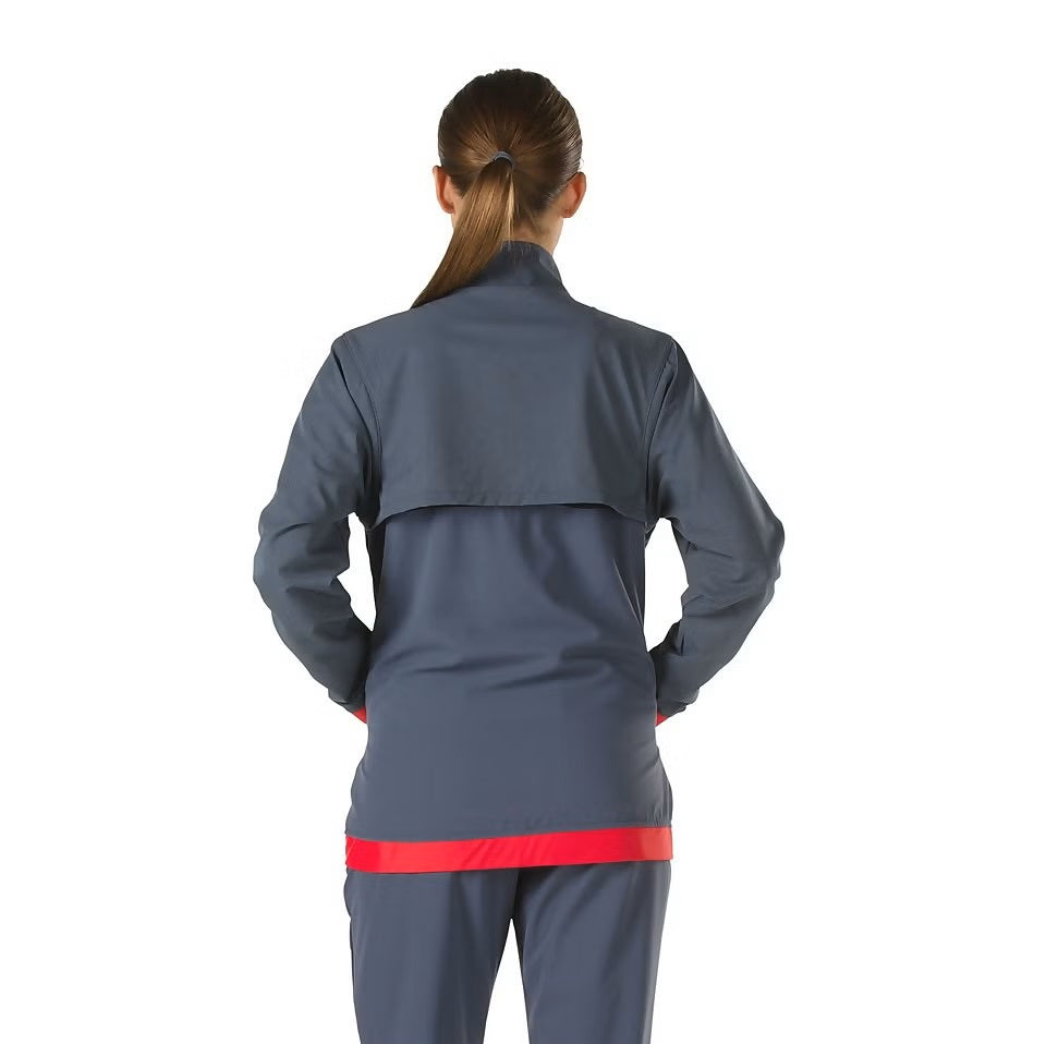 Speedo Female Tech Warm Up Jacket - A grey jacket with a red stripe across the back and two zippered pockets on either side.