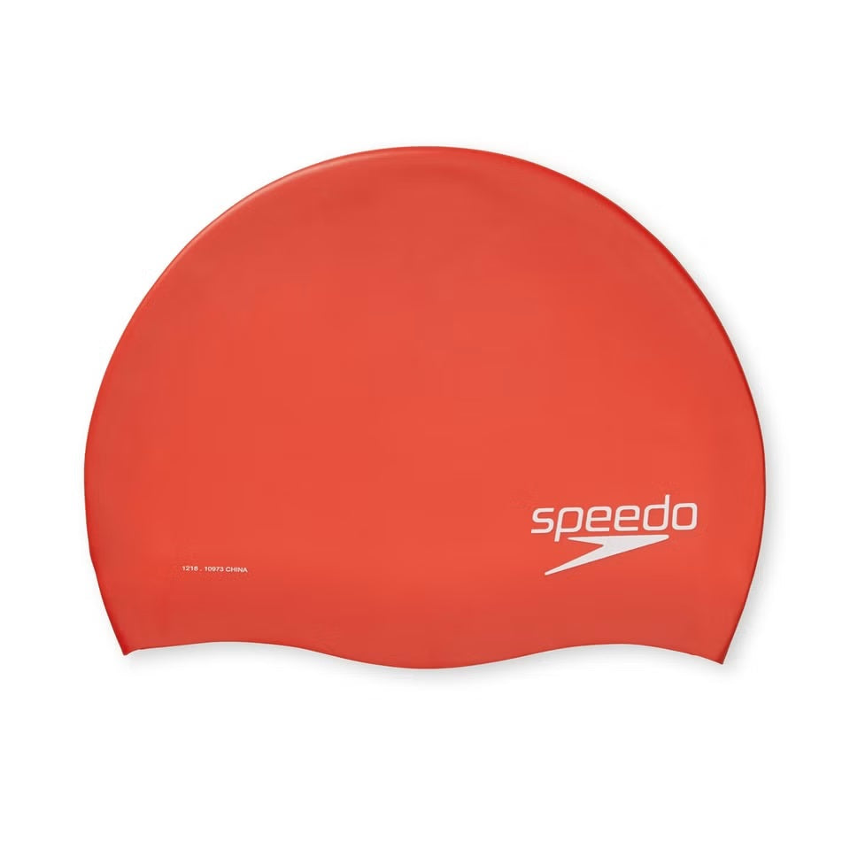 Speedo Solid Silicone Swim Cap - A solid red silicone swim cap with a smooth, matte finish and no visible logos or patterns.