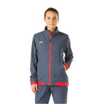 Speedo Female Tech Warm Up Jacket - A navy blue jacket with a white logo on the left chest and two zippered pockets at the waist.