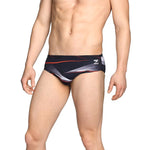 Speedo Infinite Pulse Brief Swimsuit - A black swimsuit with a red, white, and gray geometric pattern on the front.