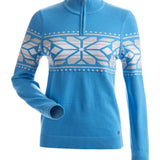 Nils Women's Thredbo 1/4 Zip Sweater - A light blue sweater with a geometric pattern on chest and sleeves, featuring a quarter zip closure at neck.