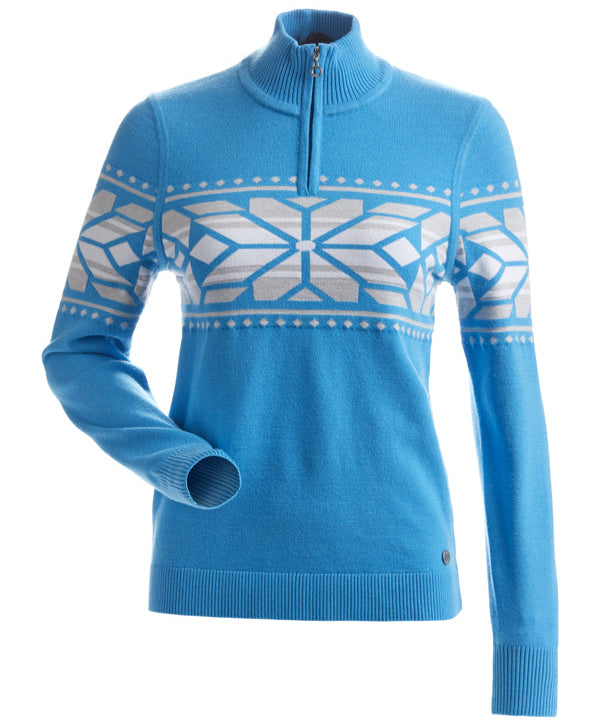 Nils Women's Thredbo 1/4 Zip Sweater - A light blue sweater with a geometric pattern on chest and sleeves, featuring a quarter zip closure at neck.