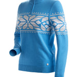 Nils Women's Thredbo 1/4 Zip Sweater - A light blue sweater with a geometric pattern on chest and sleeves, featuring a quarter zip closure at neck.