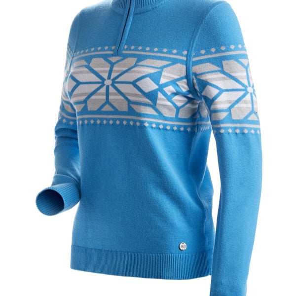 Nils Women's Thredbo 1/4 Zip Sweater - A light blue sweater with a geometric pattern on chest and sleeves, featuring a quarter zip closure at neck.