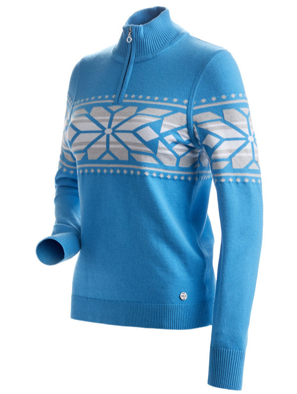 Nils Women's Thredbo 1/4 Zip Sweater - A light blue sweater with a geometric pattern on chest and sleeves, featuring a quarter zip closure at neck.