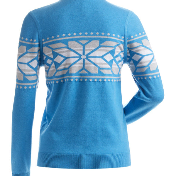 Nils Women's Thredbo 1/4 Zip Sweater - A light blue sweater with a geometric pattern on the chest and sleeves, featuring a quarter zip closure at the front.